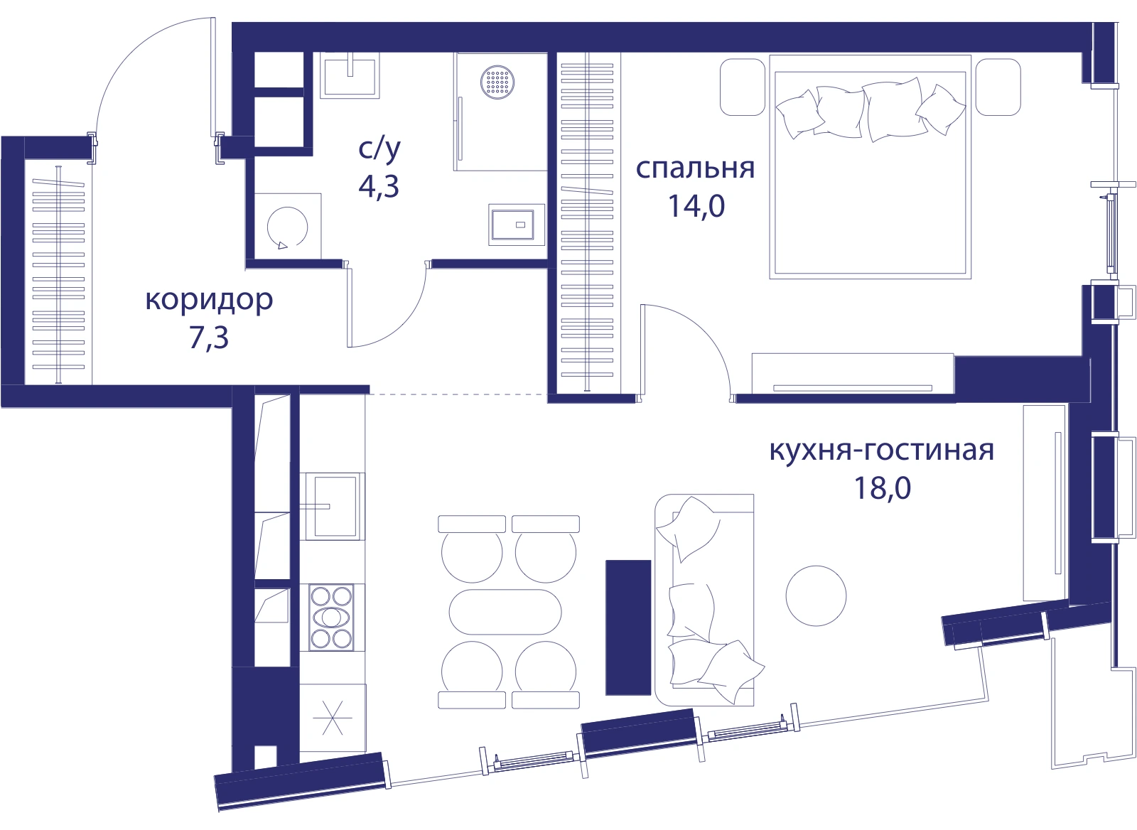 Планировка однокомнатной квартиры 43,6 м² в ЖК Событие с кухней-гостиной и спальней