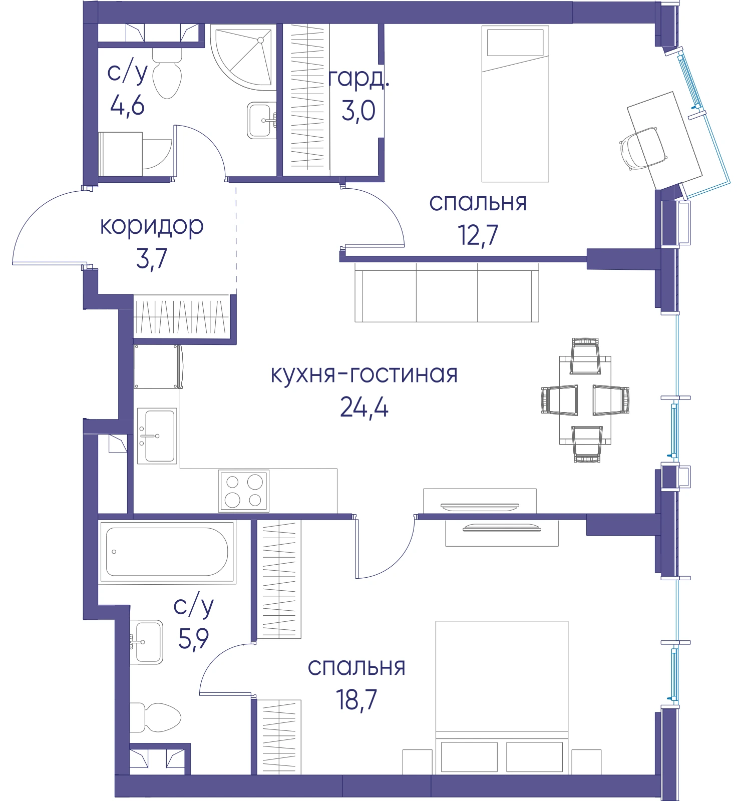 Планировка двухкомнатной квартиры 73 м² в ЖК Событие с двумя спальнями и гардеробной