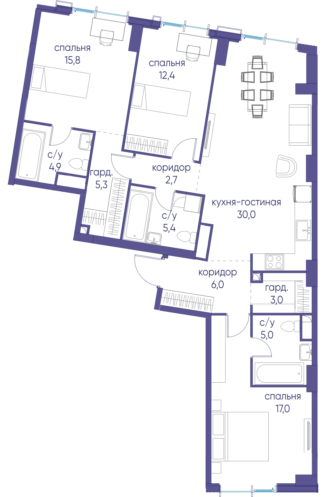 Планировка трёхкомнатной квартиры 107,5 м² в ЖК Событие с тремя спальнями и двумя санузлами