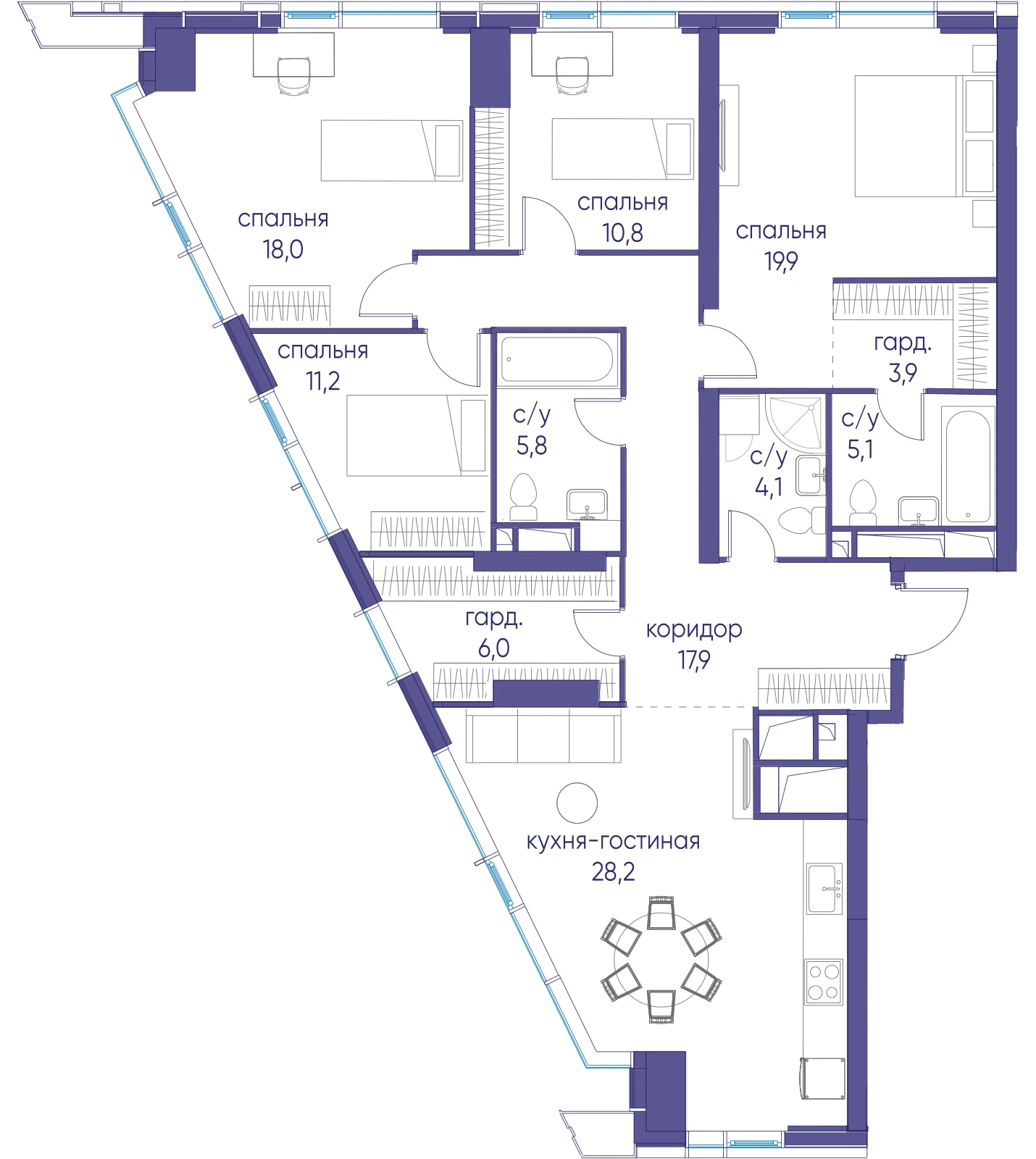 Планировка четырёхкомнатной квартиры 130,9 м² в ЖК Событие с четырьмя спальнями и угловой гостиной