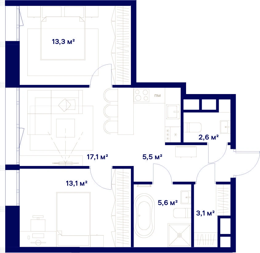 Планировка двухкомнатной квартиры 60,3 м² в ЖК Союз с кухней-гостиной