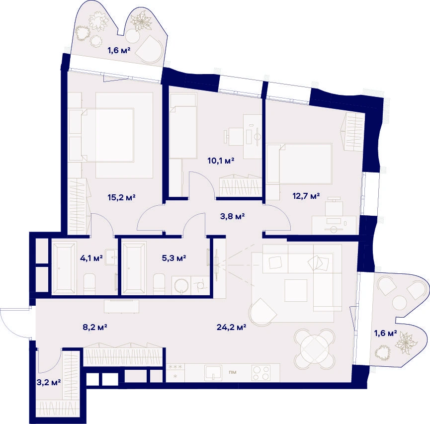 Планировка трёхкомнатной квартиры 90 м² в ЖК Союз с видом во двор