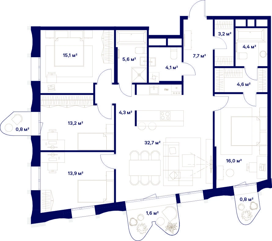 Планировка четырёхкомнатной квартиры 128 м² в ЖК Союз с мастер-спальней