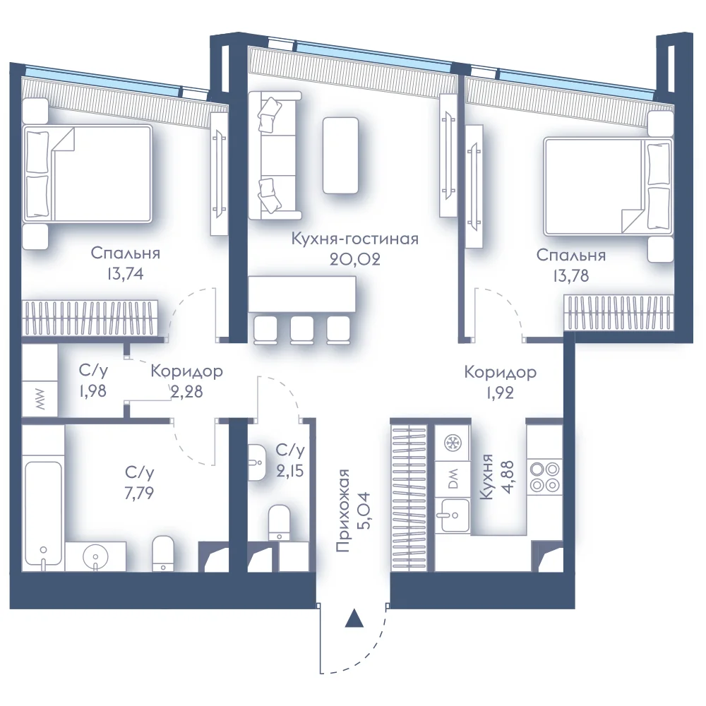 Планировка двухкомнатной квартиры 74 м² в Доме Дау