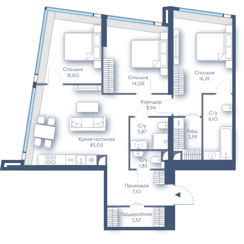 Планировка трёхкомнатной квартиры 96 м² в Доме Дау