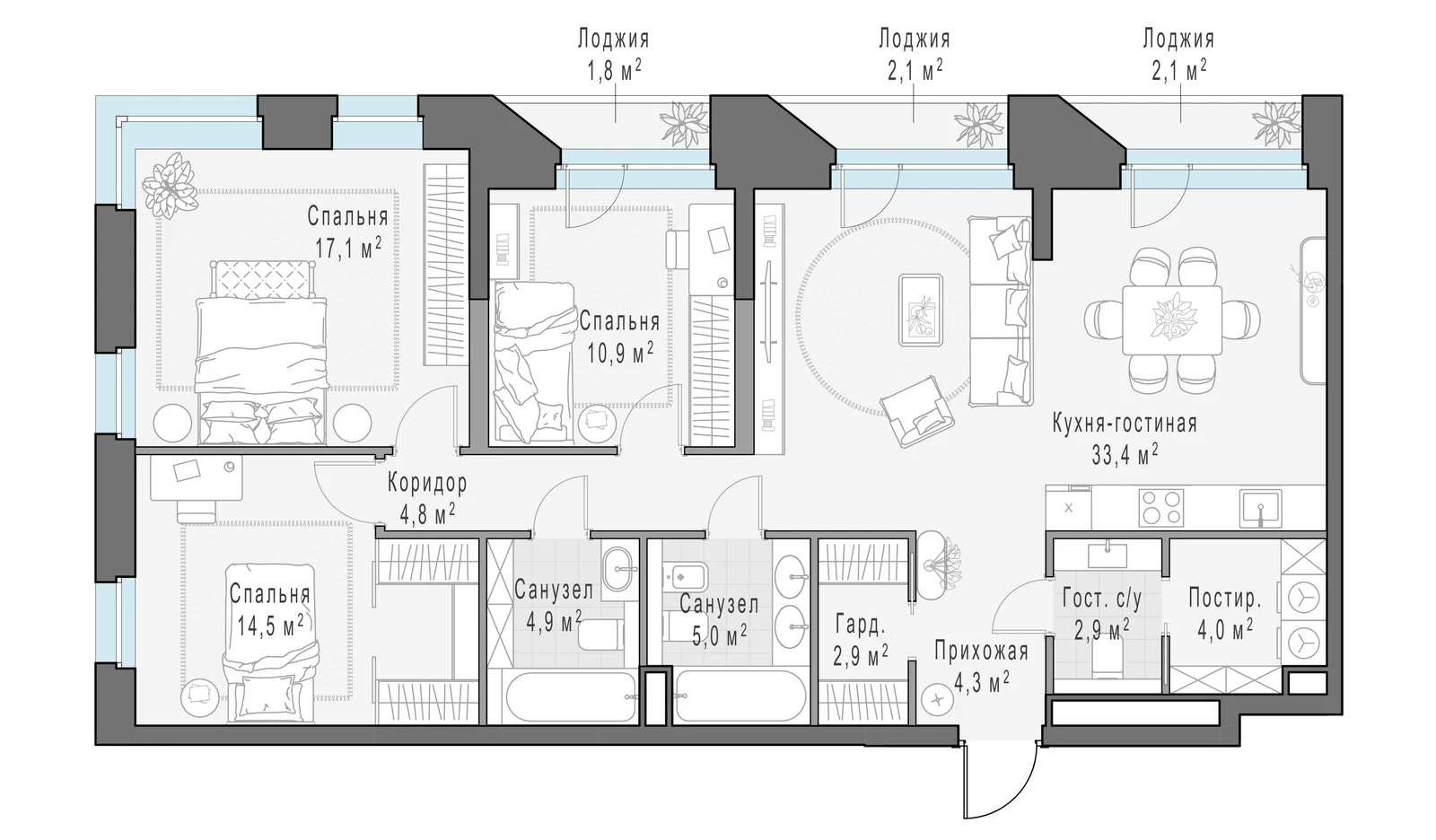 Планировка квартиры 107,8 м² с тремя спальнями в квартале Форивер