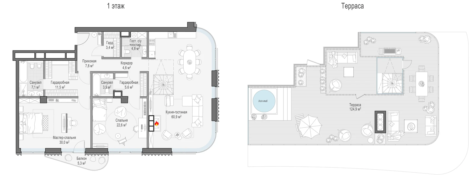 Планировка пентхауса 163,8 м² с террасой 124,9 м² в доме «Лаврушинский»