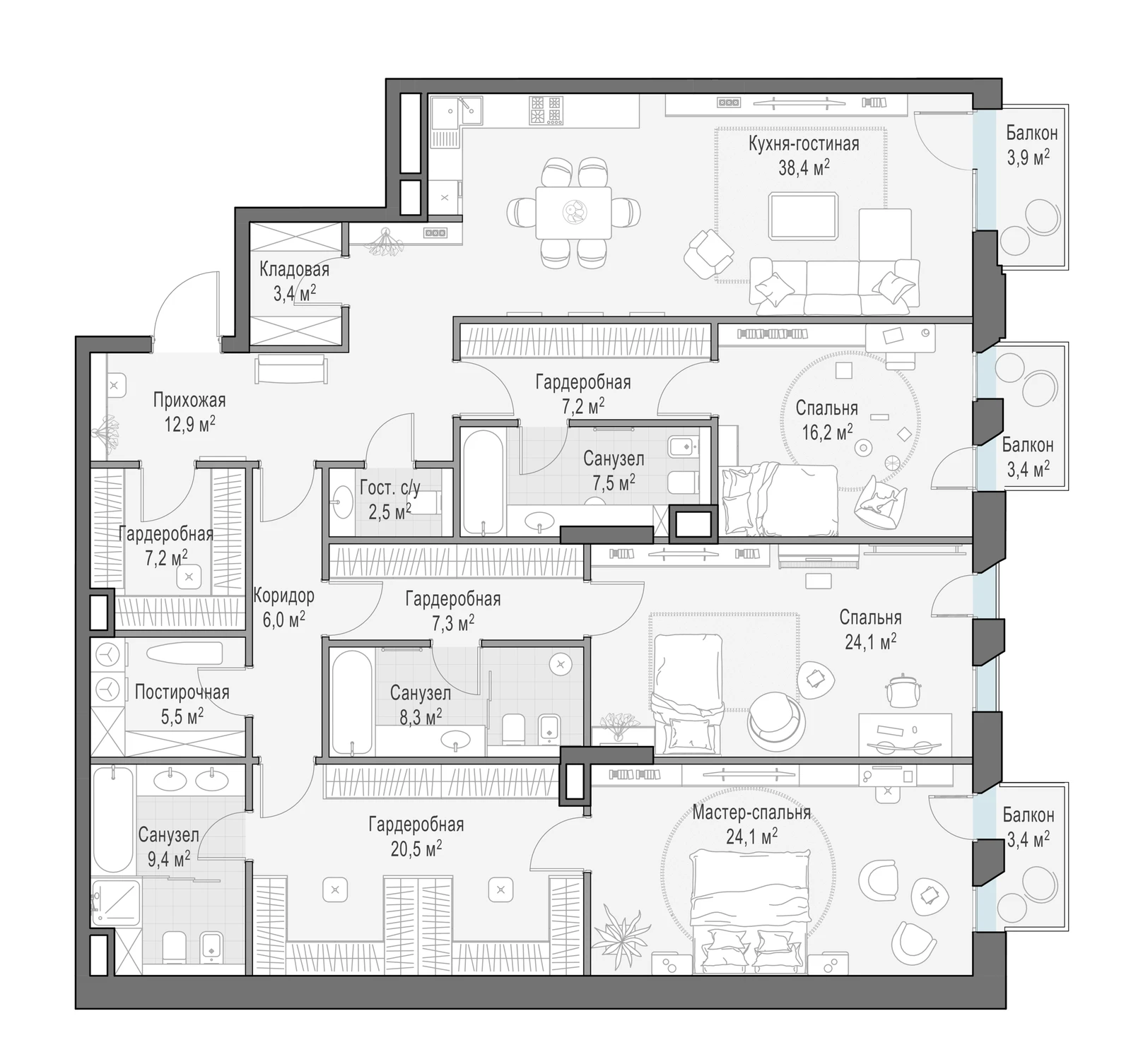 Планировка квартиры 204 м² с тремя спальнями в клубном доме «Обыденский №1»