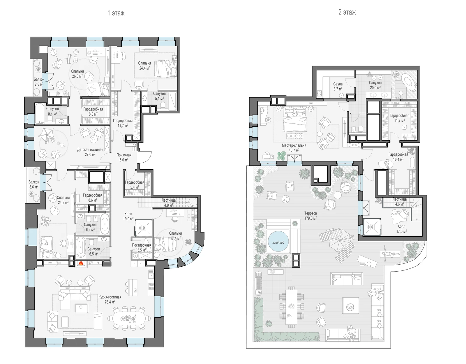 Планировка двухуровневого пентхауса 394 м² с террасой в доме «Фон Дессин»
