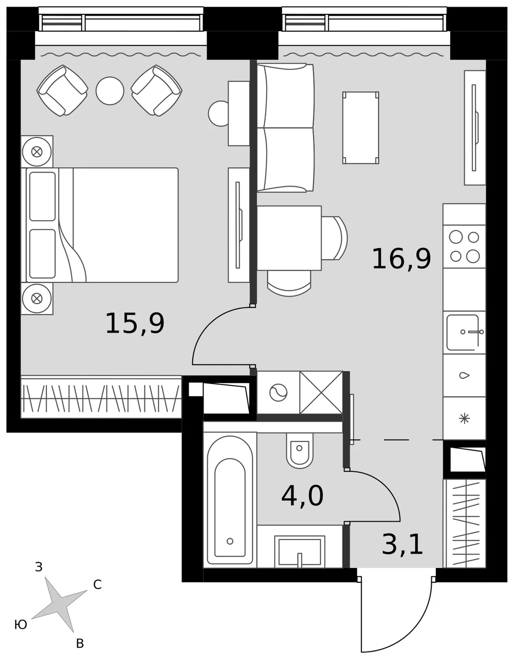 Планировка однокомнатной квартиры 39,9 м² в ЖК Amber City