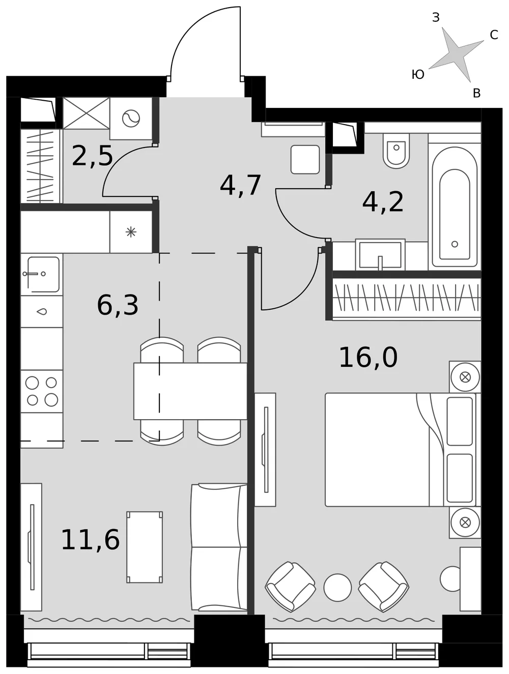 Планировка двухкомнатной квартиры 45,3 м² в ЖК Amber City