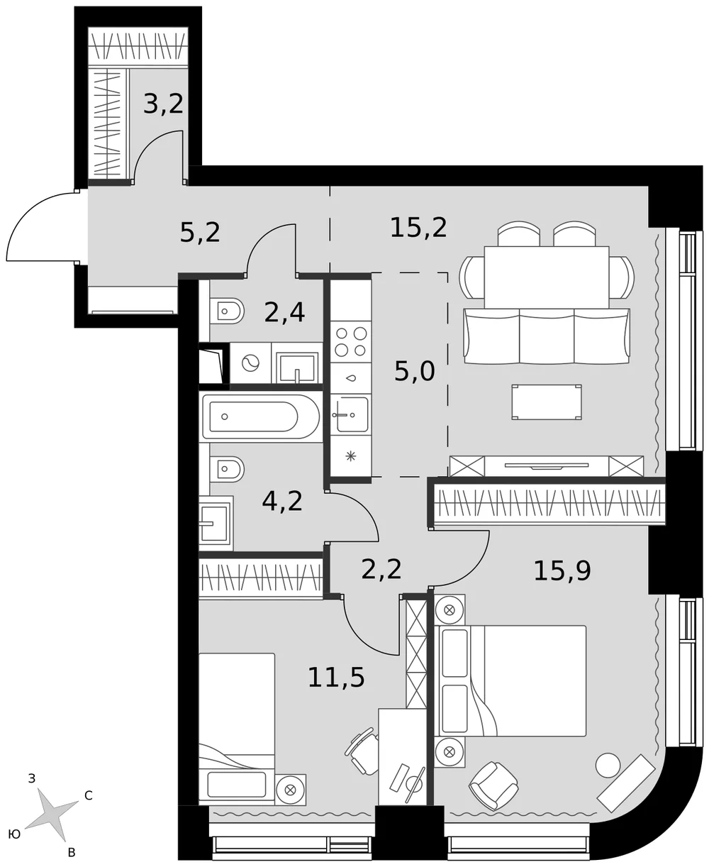 Планировка трёхкомнатной квартиры 64,8 м² в ЖК Amber City