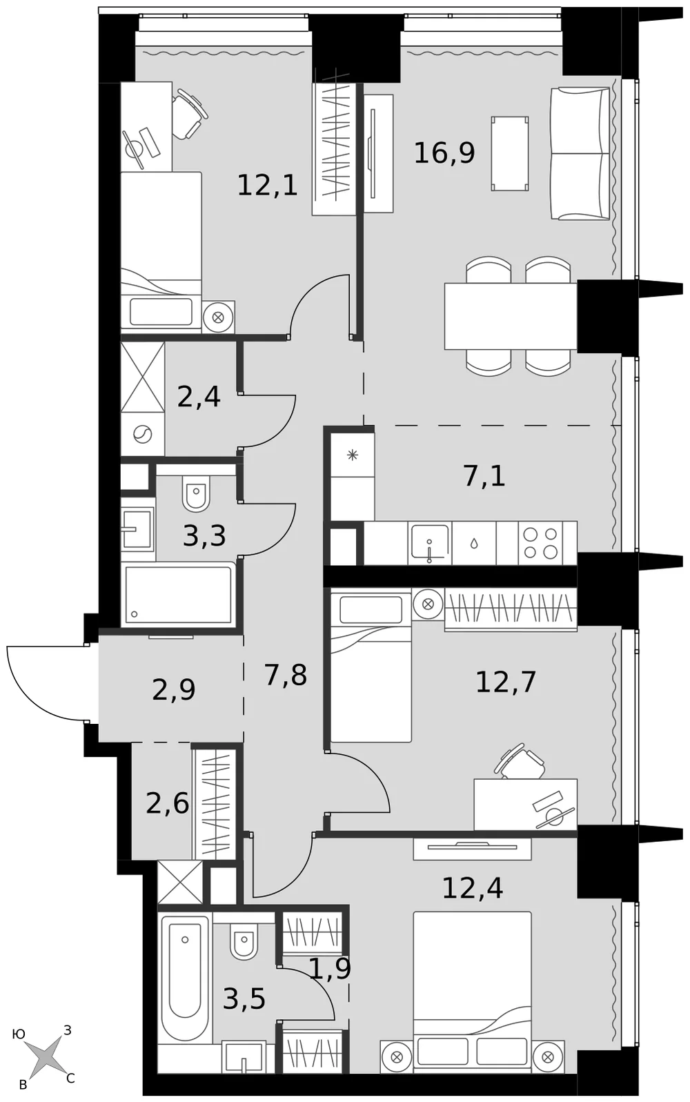 Планировка четырёхкомнатной квартиры 85,6 м² в ЖК Amber City