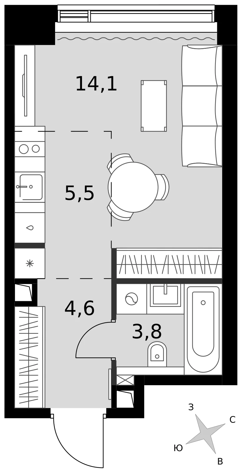 Планировка студии 28 м² в ЖК Amber City (Амбер Сити)
