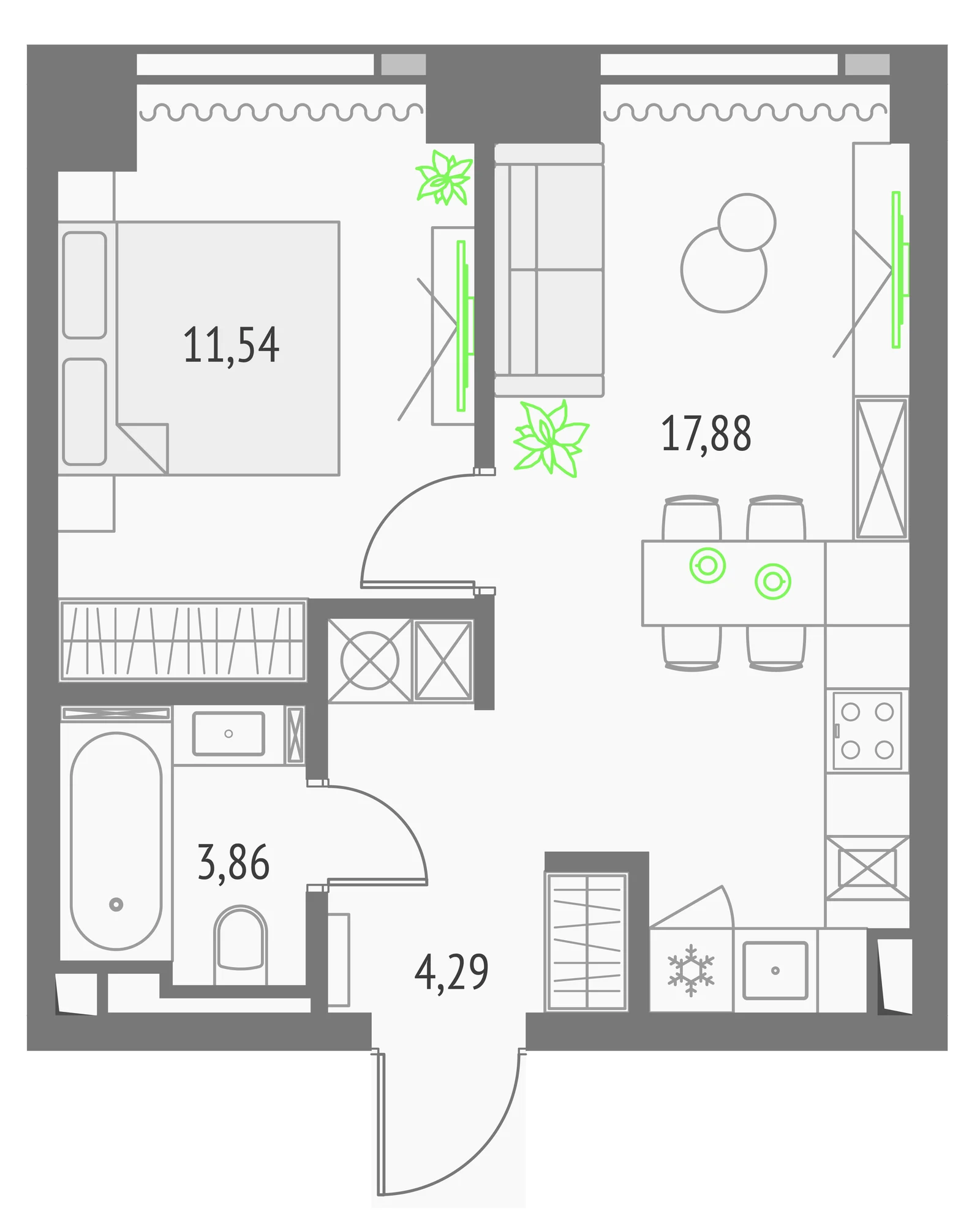 Планировка однокомнатной квартиры 38,44 м² в башне Эверест ЖК Апсайд Тауэрс
