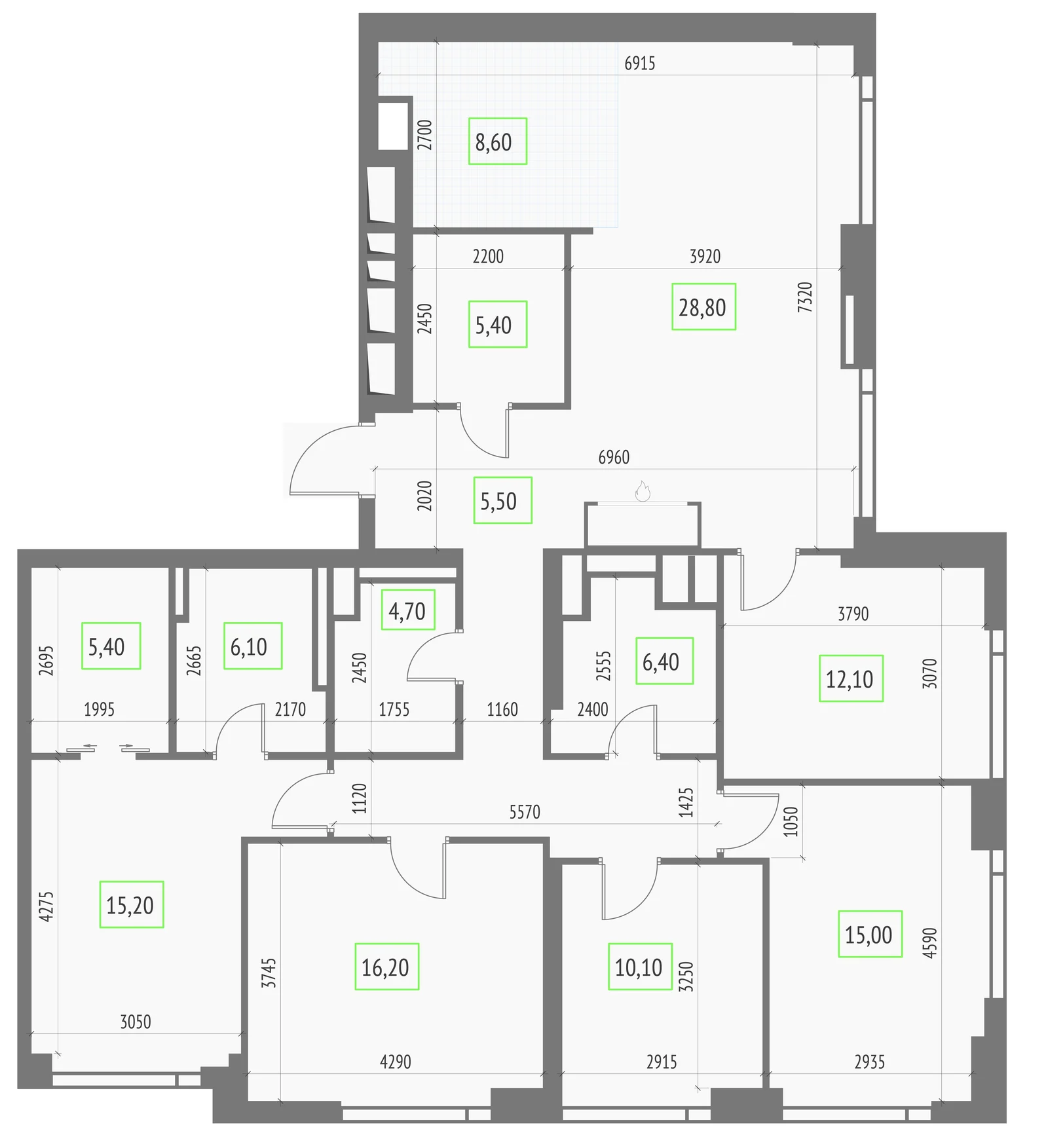 Планировка четырёхкомнатной квартиры 151,5 м² на 55 этаже башни Эльбрус ЖК Апсайд Тауэрс