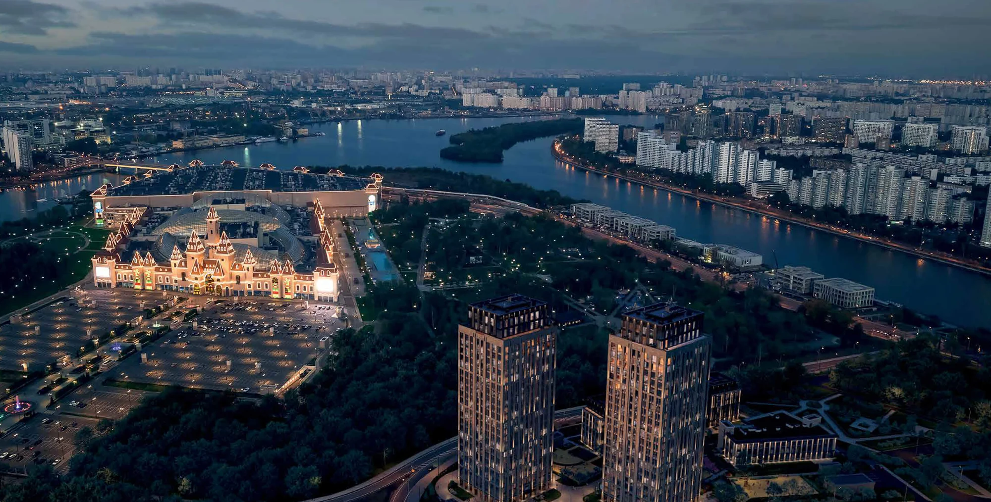 Башни ЖК Дрим Тауэрс, парк и Москва-река вечером, вид сверху