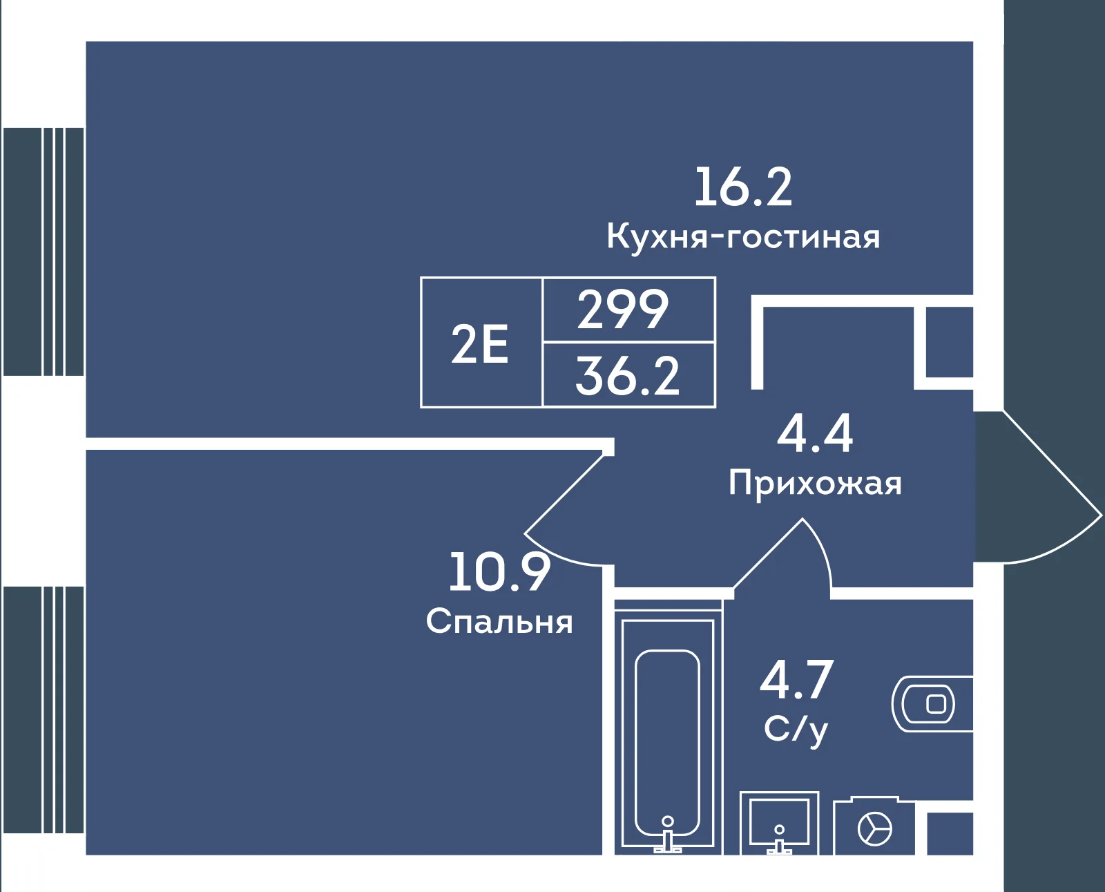 Планировка двухкомнатной евроквартиры 36,2 м² в ЖК «Эра», корпус 4, этаж 26
