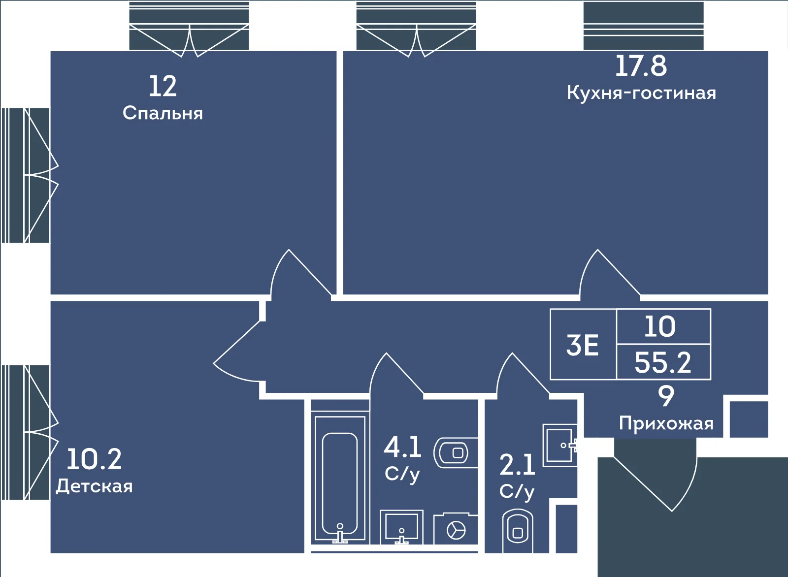 Планировка трёхкомнатной евроквартиры 55,2 м² в ЖК «Эра», корпус 5, этаж 2
