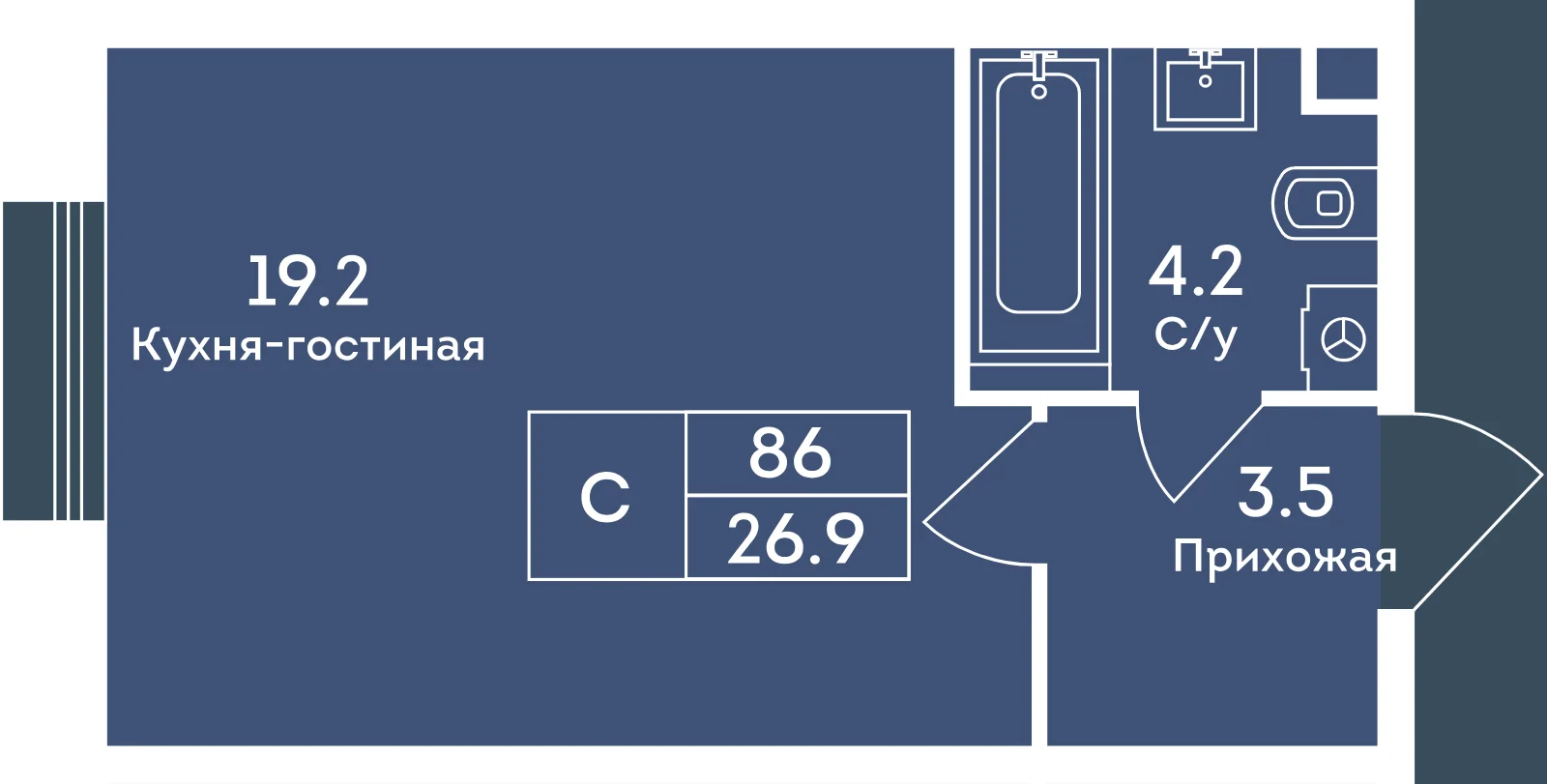 Планировка студии 26,9 м² в ЖК «Эра», корпус 6, этаж 9