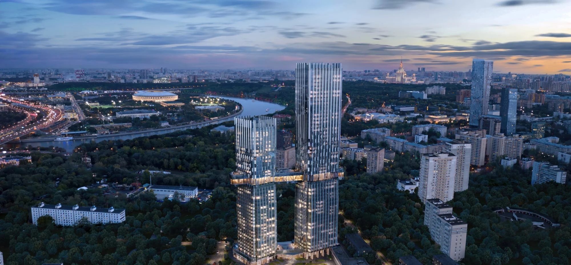 Башни Hideout в Раменках с высоты, Лужники и излучина Москвы-реки