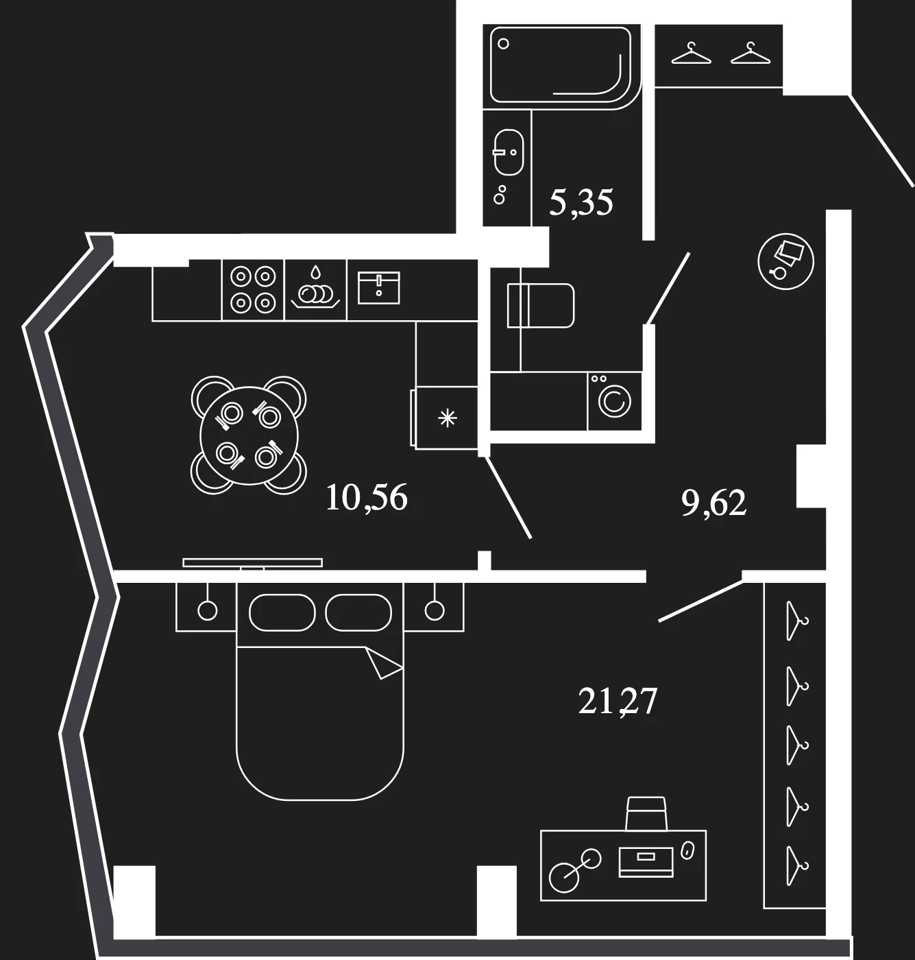 Планировка однокомнатной квартиры 46,8 м² на 7 этаже башни Яуза ЖК Новая, 11