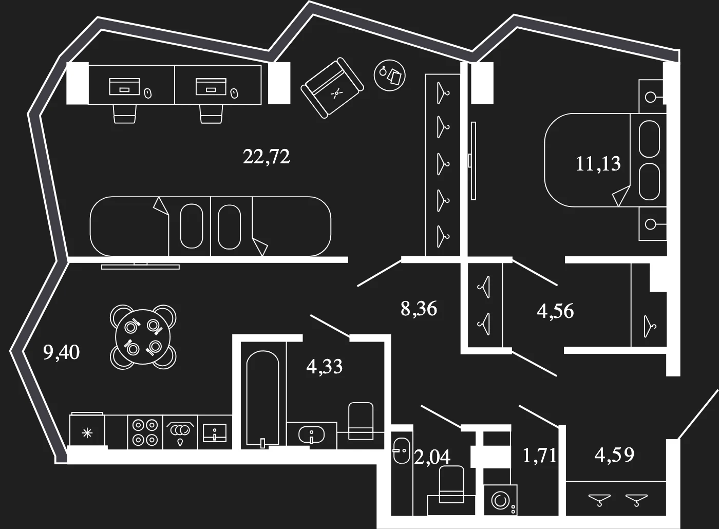 Планировка двухкомнатной квартиры 68,9 м² с эркером на 3 этаже башни Яуза ЖК Новая, 11