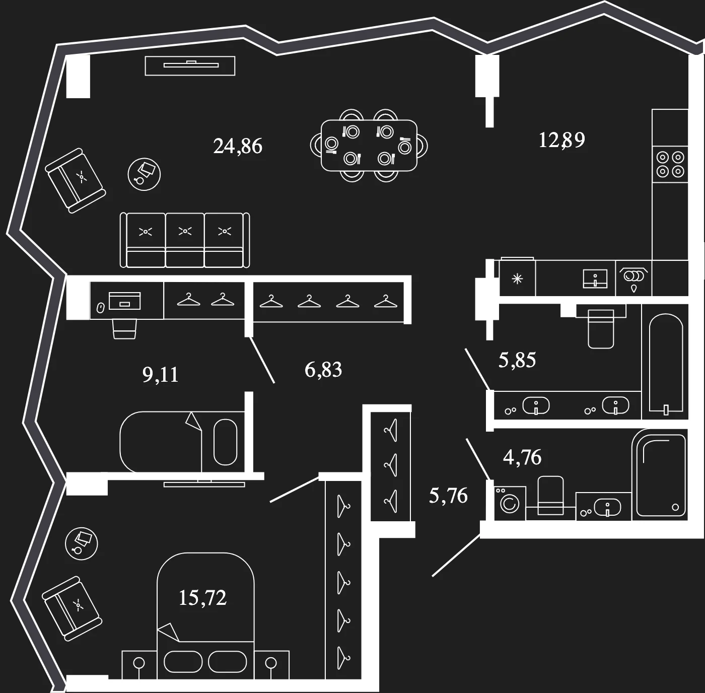 Планировка трёхкомнатной квартиры 85,8 м² на 3 этаже башни Нева ЖК Новая, 11