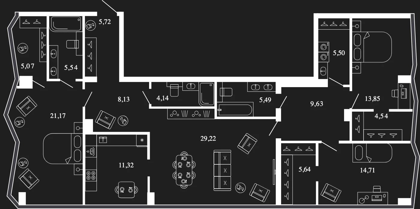 Планировка четырёхкомнатной квартиры 149,7 м² на 15 этаже башни Яуза ЖК Новая, 11